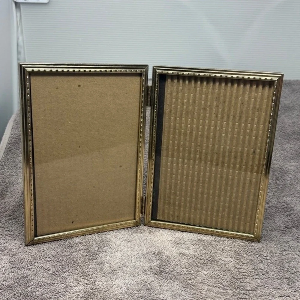 Vintage Double Picture Frame Gold 5x7 Hinged Filigree Embossed